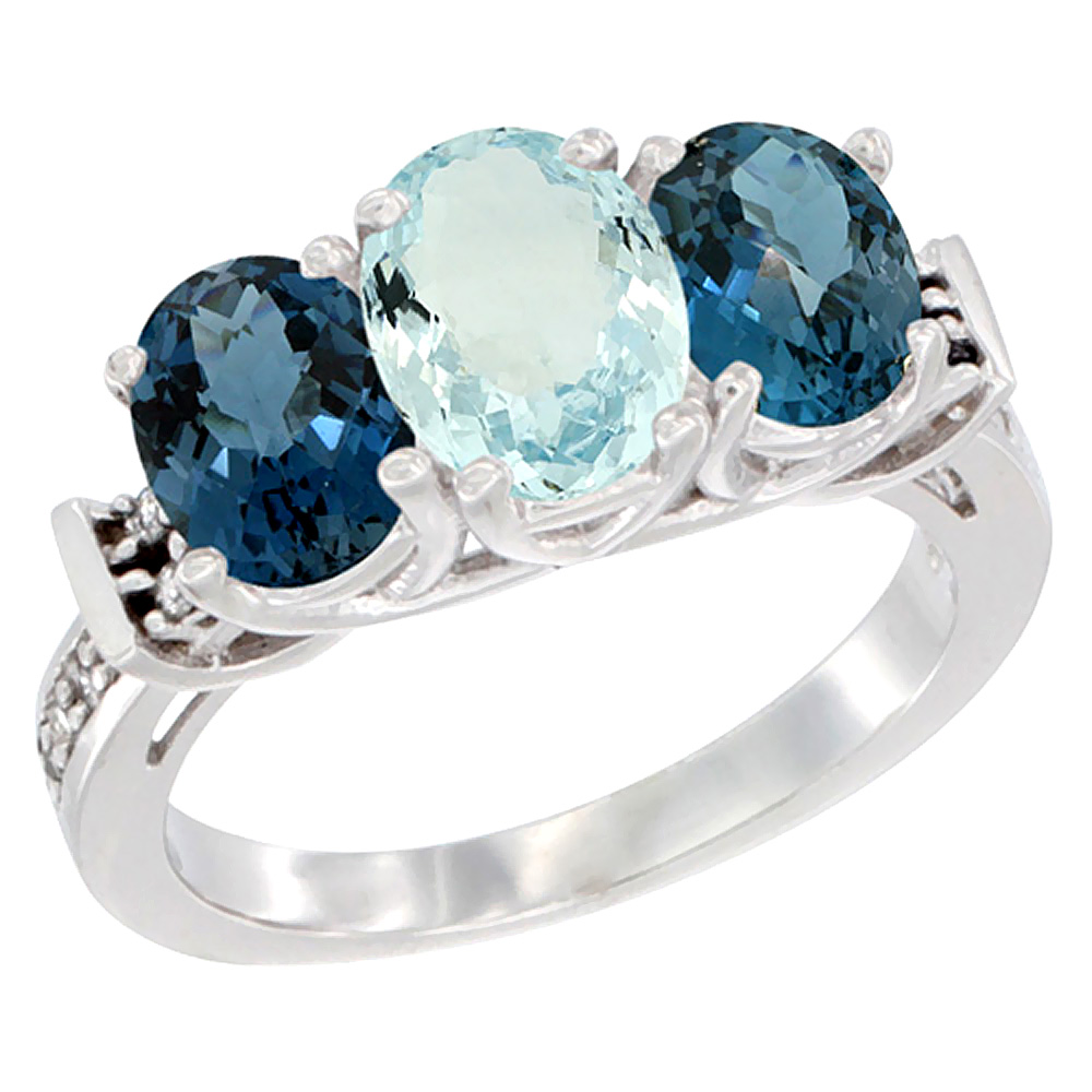 14K White Gold Natural Aquamarine &amp; London Blue Topaz Sides Ring 3-Stone Oval Diamond Accent, sizes 5 - 10