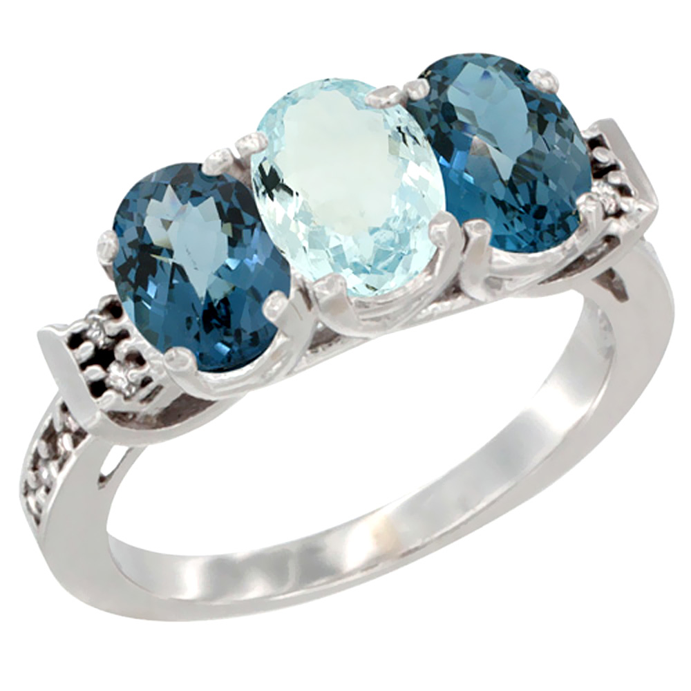 14K White Gold Natural Aquamarine &amp; London Blue Topaz Sides Ring 3-Stone 7x5 mm Oval Diamond Accent, sizes 5 - 10