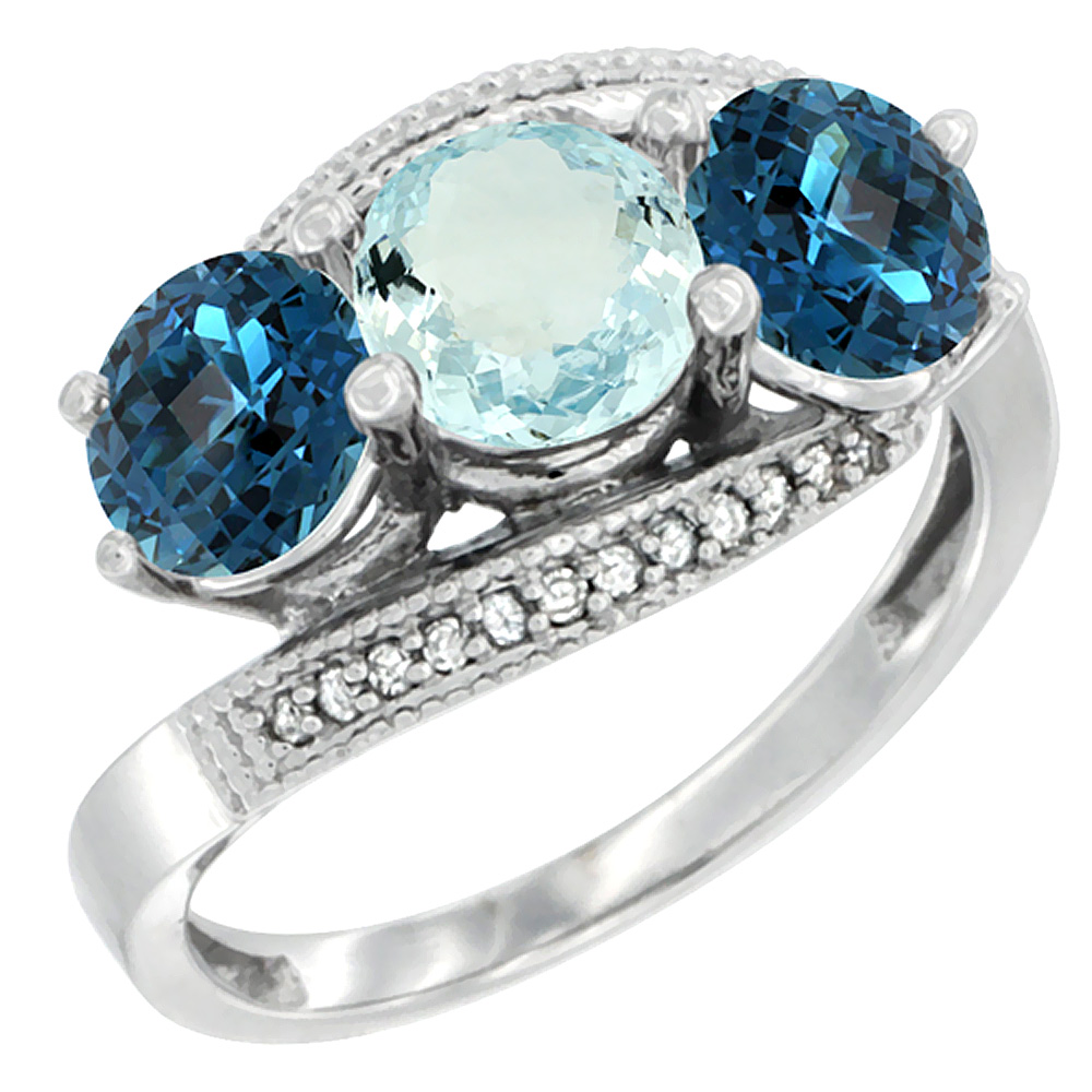 10K White Gold Natural Aquamarine &amp; London Blue Topaz Sides 3 stone Ring Round 6mm Diamond Accent, sizes 5 - 10
