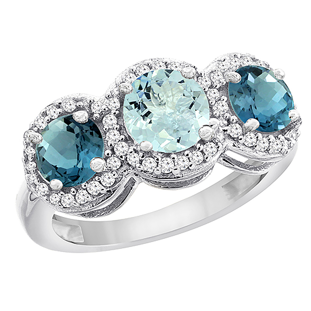 14K White Gold Natural Aquamarine &amp; London Blue Topaz Sides Round 3-stone Ring Diamond Accents, sizes 5 - 10