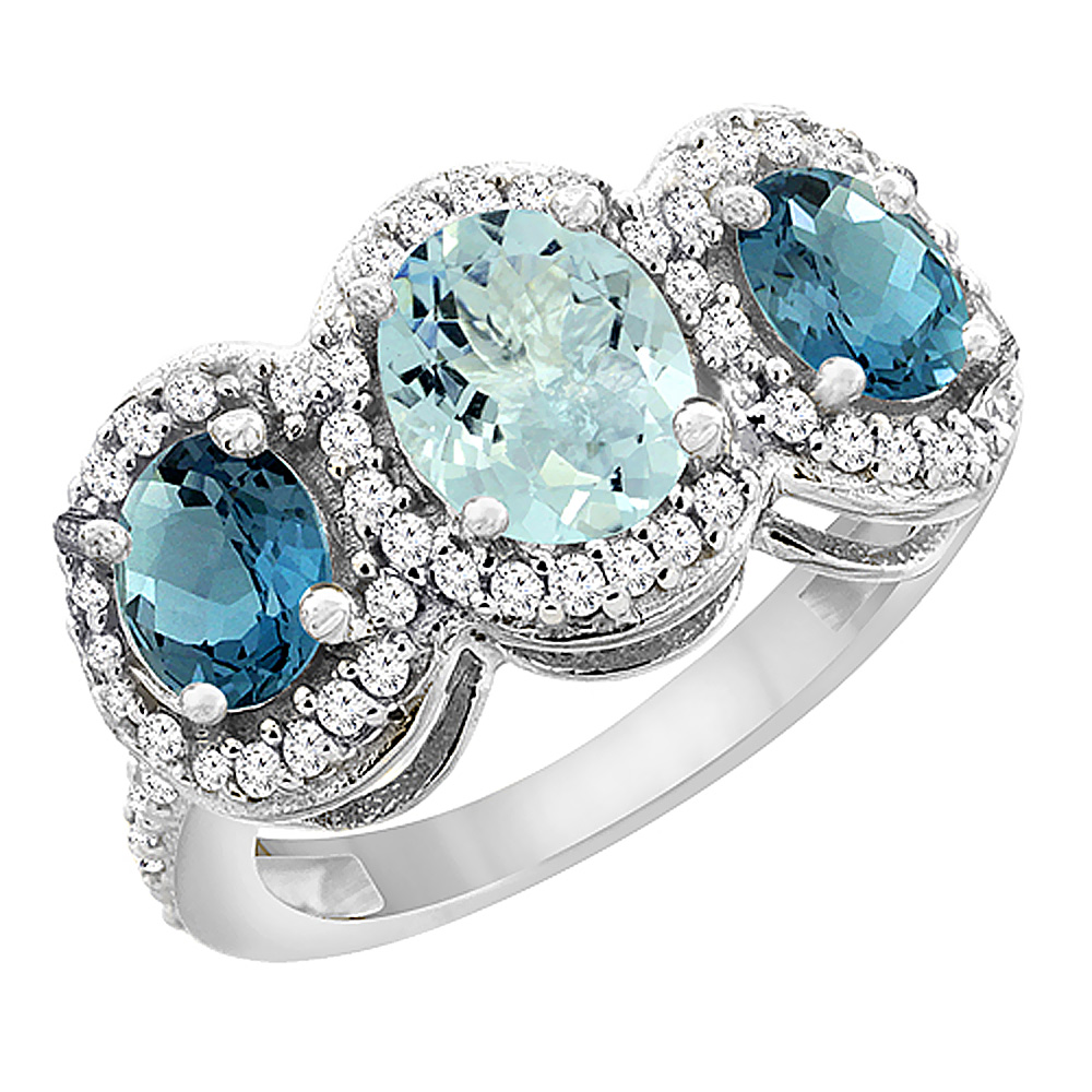 14K White Gold Natural Aquamarine &amp; London Blue Topaz 3-Stone Ring Oval Diamond Accent, sizes 5 - 10