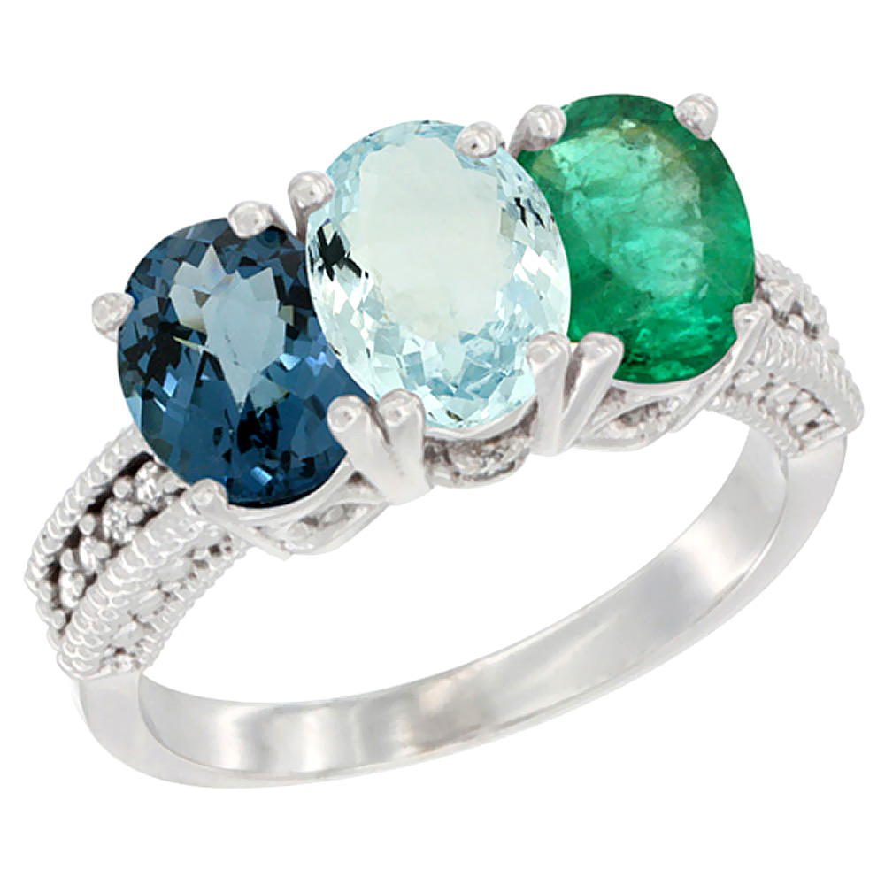 14K White Gold Natural London Blue Topaz, Aquamarine &amp; Emerald Ring 3-Stone 7x5 mm Oval Diamond Accent, sizes 5 - 10