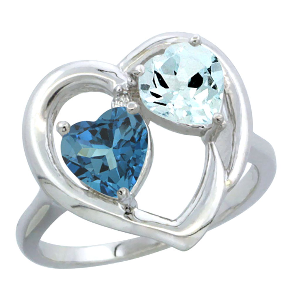14K White Gold Diamond Two-stone Heart Ring 6mm Natural London Blue Topaz &amp; Aquamarine, sizes 5-10