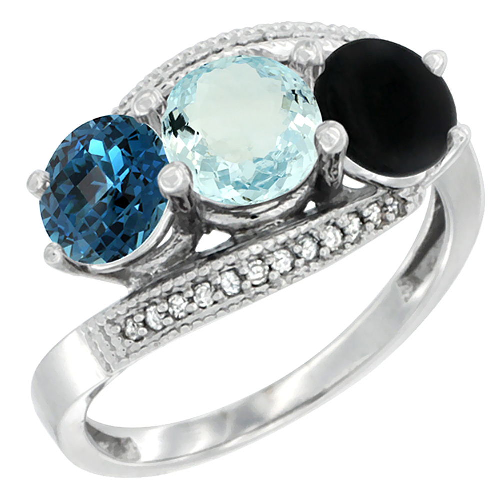 14K White Gold Natural London Blue Topaz, Aquamarine &amp; Black Onyx 3 stone Ring Round 6mm Diamond Accent, sizes 5 - 10