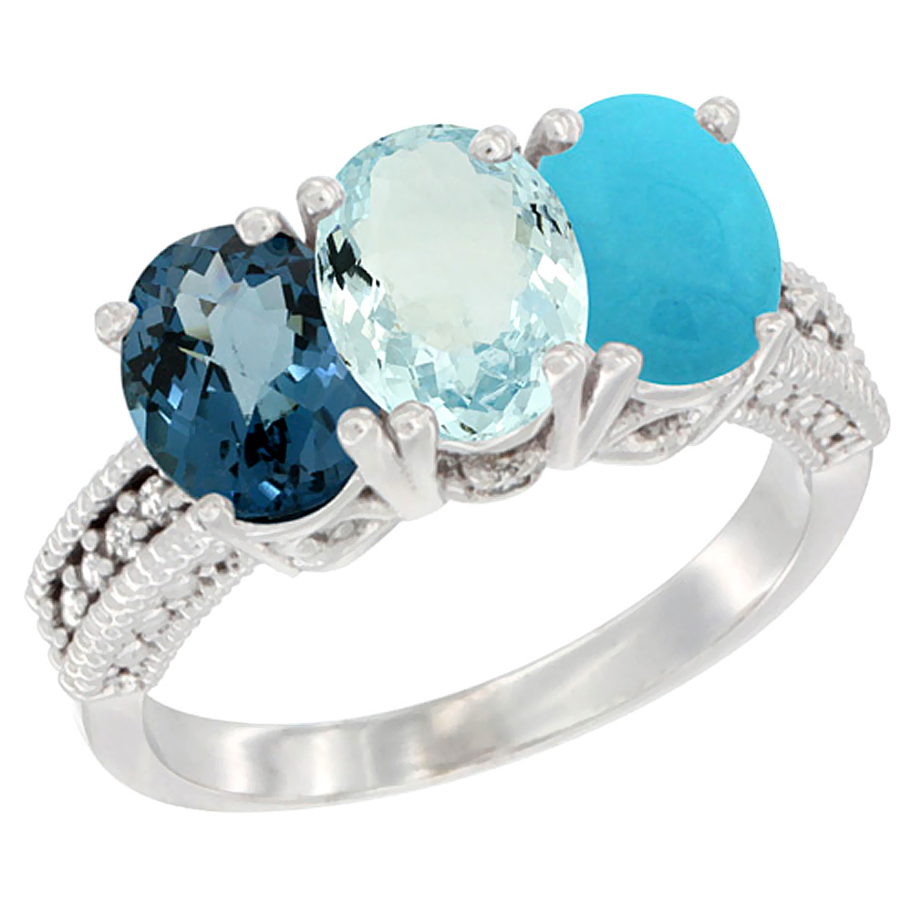 14K White Gold Natural London Blue Topaz, Aquamarine &amp; Turquoise Ring 3-Stone 7x5 mm Oval Diamond Accent, sizes 5 - 10