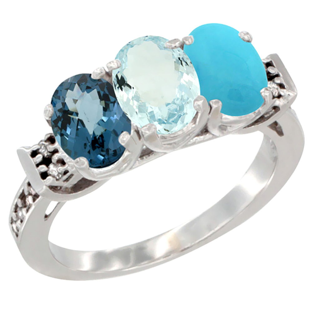 14K White Gold Natural London Blue Topaz, Aquamarine &amp; Turquoise Ring 3-Stone 7x5 mm Oval Diamond Accent, sizes 5 - 10