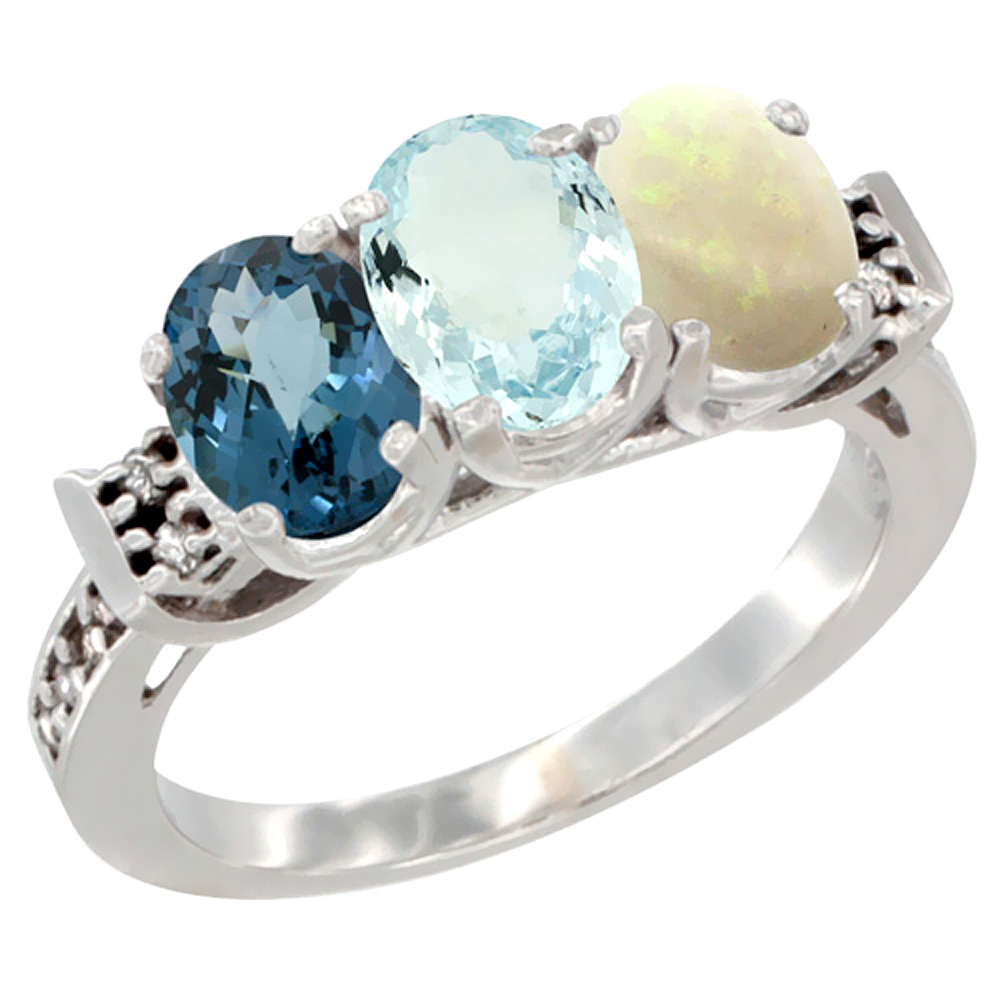 14K White Gold Natural London Blue Topaz, Aquamarine &amp; Opal Ring 3-Stone 7x5 mm Oval Diamond Accent, sizes 5 - 10