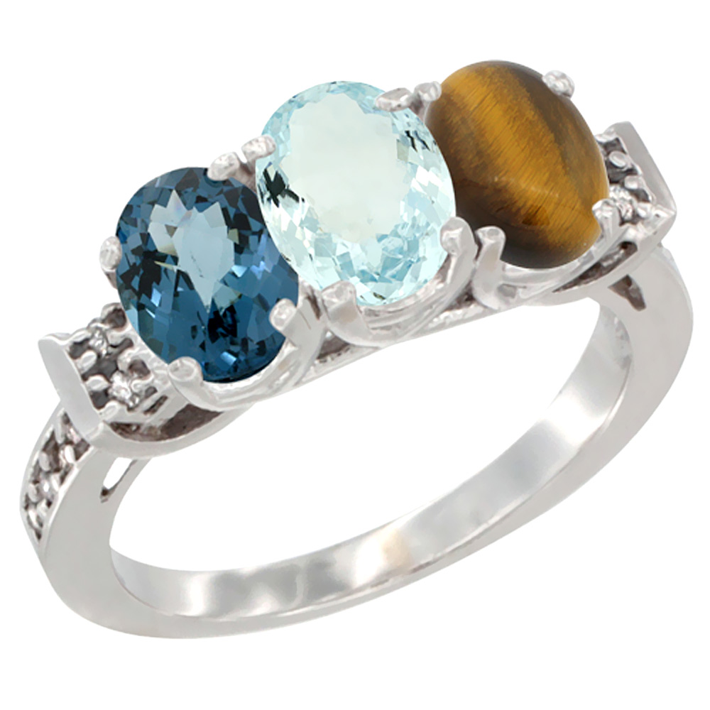 14K White Gold Natural London Blue Topaz, Aquamarine &amp; Tiger Eye Ring 3-Stone 7x5 mm Oval Diamond Accent, sizes 5 - 10