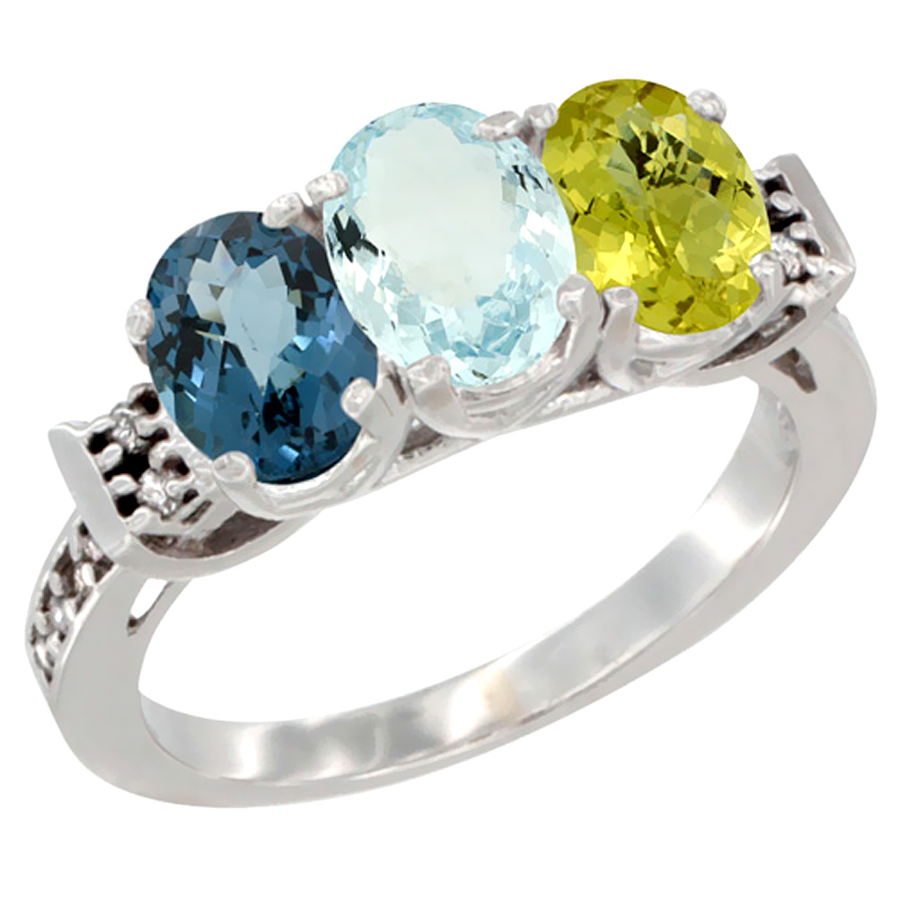 14K White Gold Natural London Blue Topaz, Aquamarine &amp; Lemon Quartz Ring 3-Stone 7x5 mm Oval Diamond Accent, sizes 5 - 10