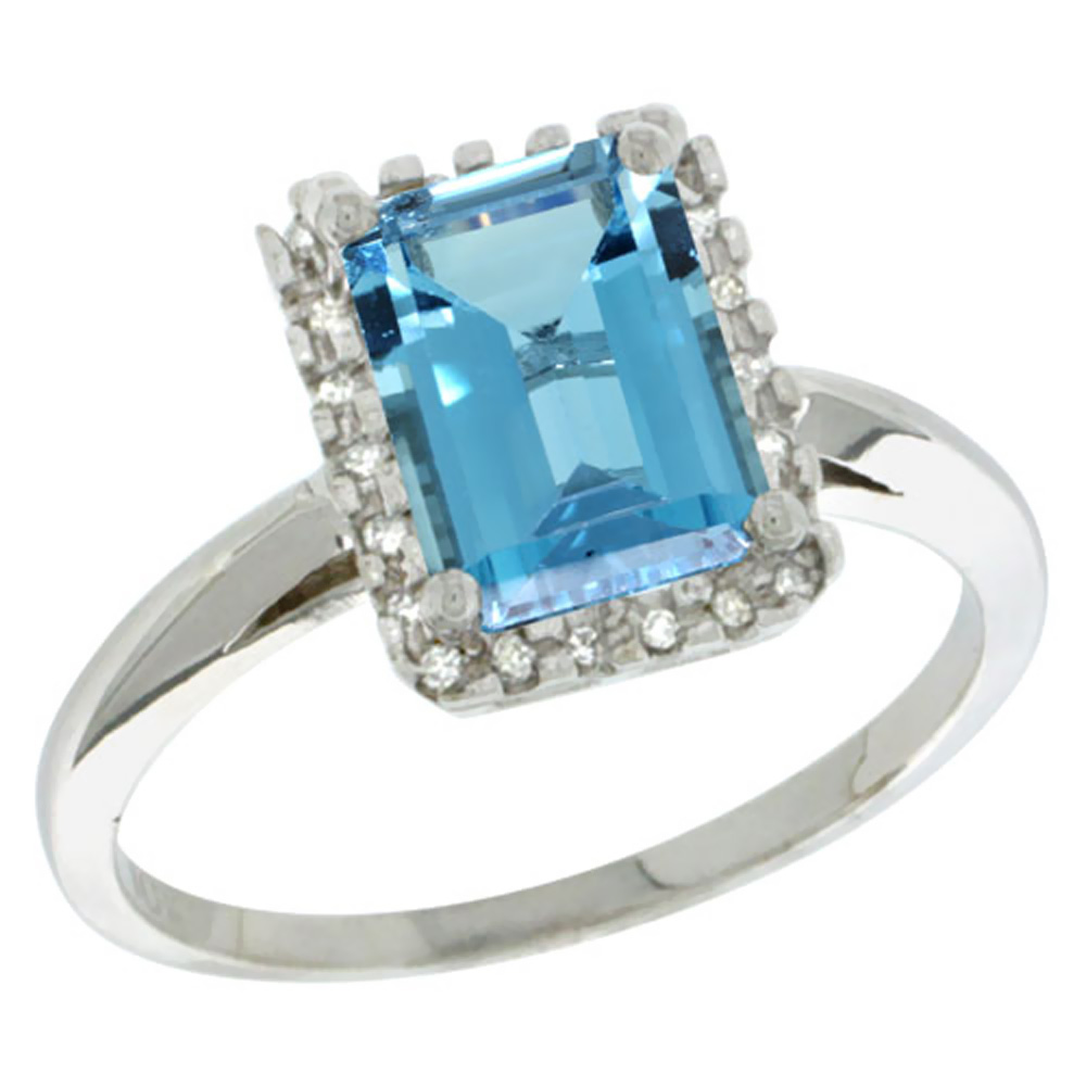 10K White Gold Diamond Natural London Blue Topaz Ring Emerald-cut 8x6mm, sizes 5-10