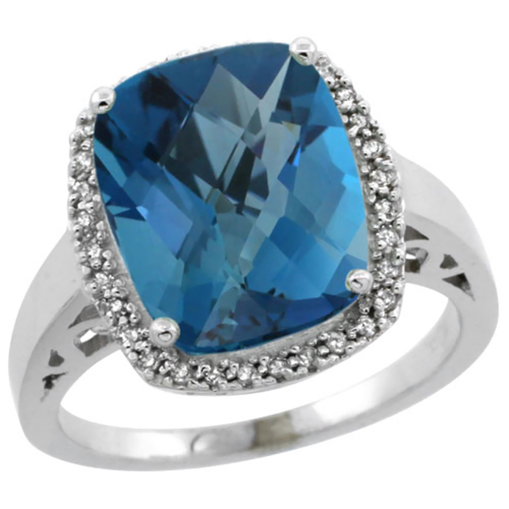14K White Gold Diamond Natural London Blue Topaz Ring Cushion-cut 12x10mm, sizes 5-10