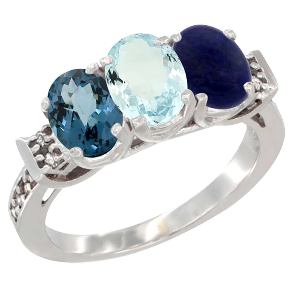 10K White Gold Natural London Blue Topaz, Aquamarine & Lapis Ring 3-Stone Oval 7x5 mm Diamond Accent, sizes 5 - 10