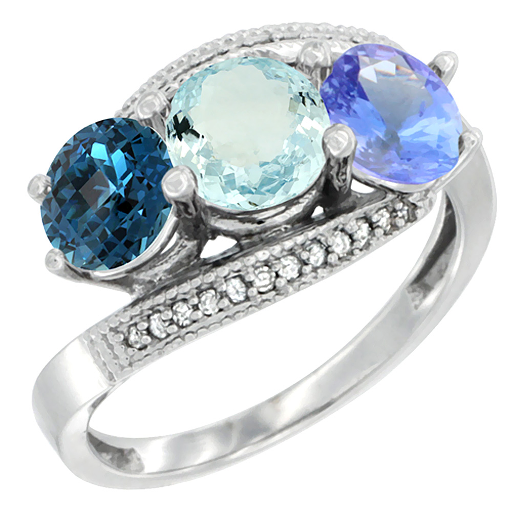 10K White Gold Natural London Blue Topaz, Aquamarine &amp; Tanzanite 3 stone Ring Round 6mm Diamond Accent, sizes 5 - 10