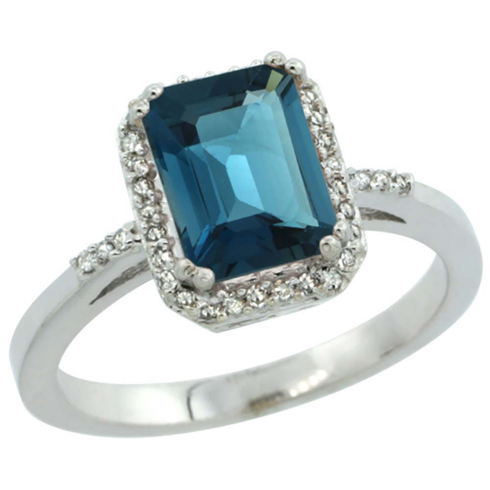 14K White Gold Diamond Natural London Blue Topaz Ring Emerald-cut 8x6mm, sizes 5-10