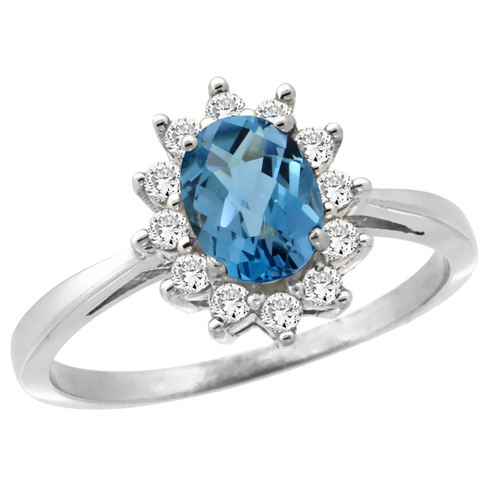14K White Gold Natural London Blue Topaz Engagement Ring Oval 7x5mm Diamond Halo, sizes 5-10