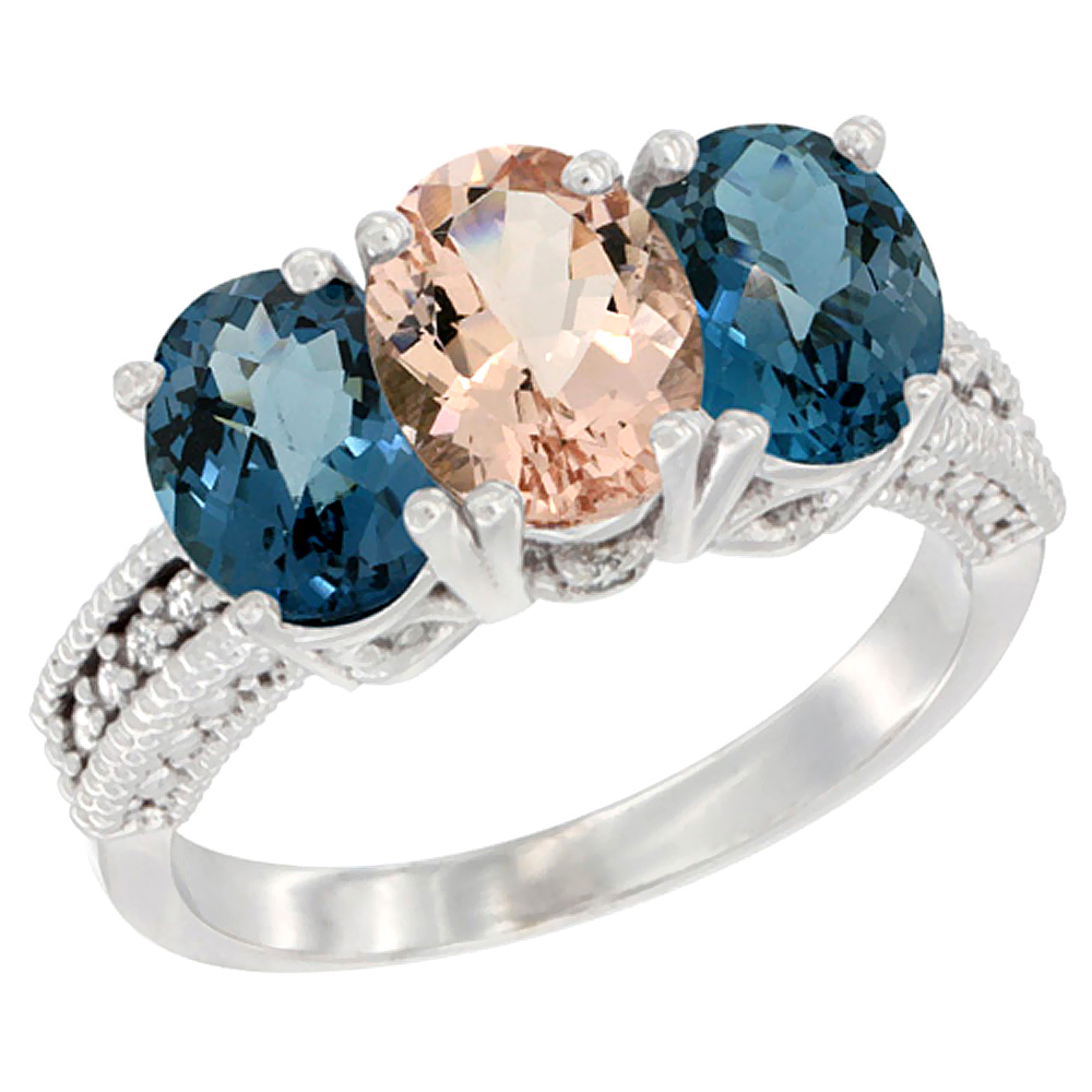 14K White Gold Natural Morganite &amp; London Blue Topaz Sides Ring 3-Stone 7x5 mm Oval Diamond Accent, sizes 5 - 10