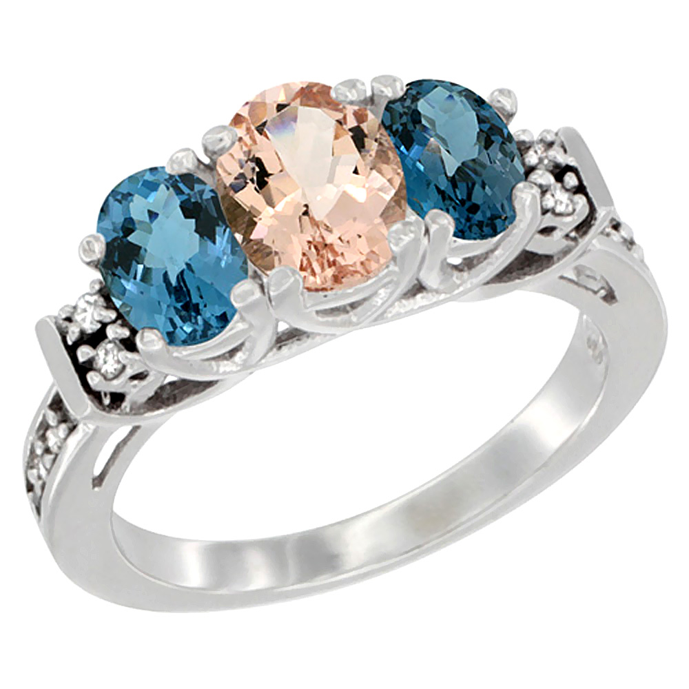 10K White Gold Natural Morganite &amp; London Blue Ring 3-Stone Oval Diamond Accent, sizes 5-10