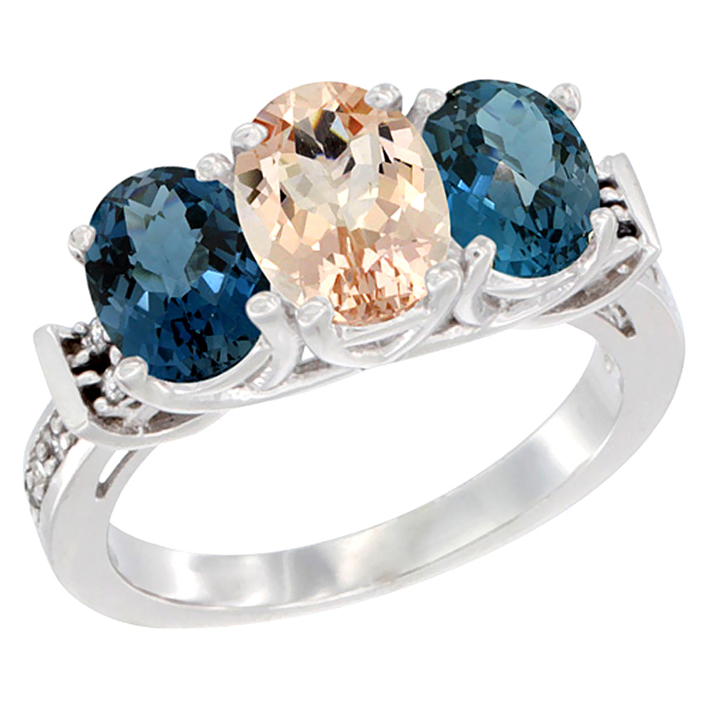 14K White Gold Natural Morganite &amp; London Blue Topaz Sides Ring 3-Stone Oval Diamond Accent, sizes 5 - 10