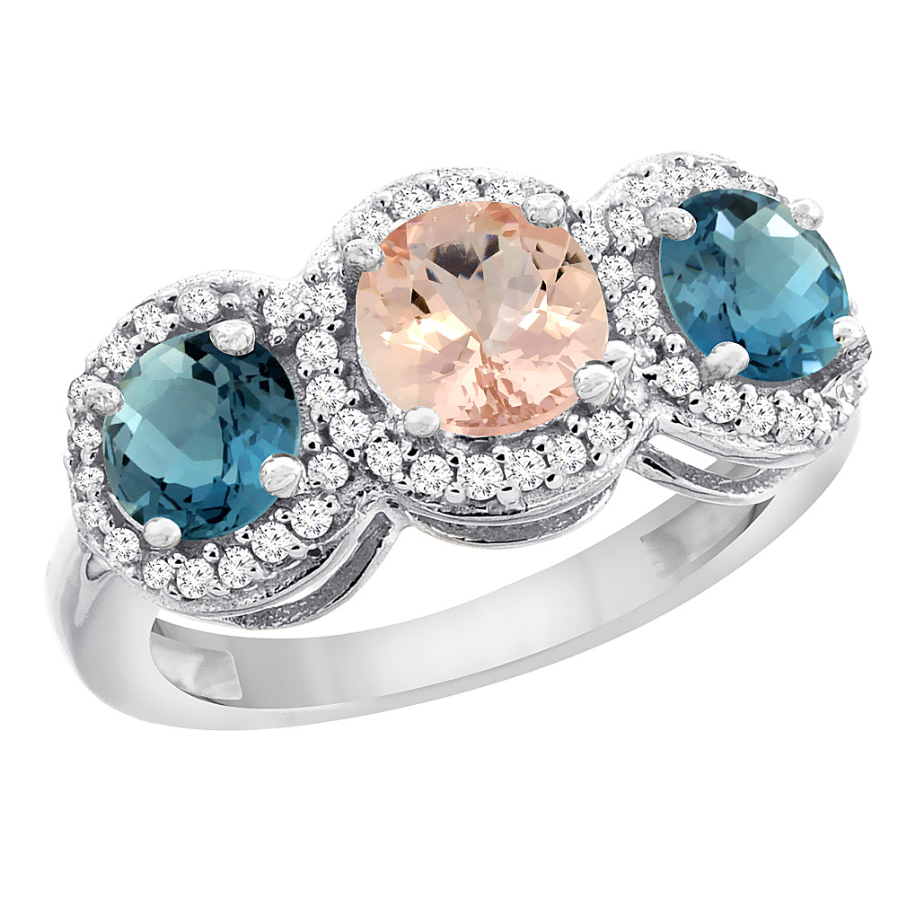 14K White Gold Natural Morganite &amp; London Blue Topaz Sides Round 3-stone Ring Diamond Accents, sizes 5 - 10