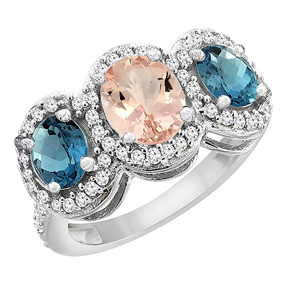 14K White Gold Natural Morganite & London Blue Topaz 3-Stone Ring Oval Diamond Accent, sizes 5 - 10