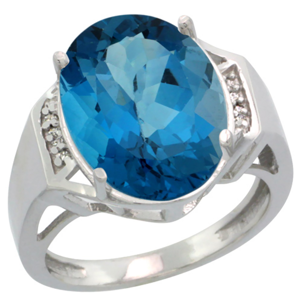 14K White Gold Diamond Natural London Blue Topaz Ring Oval 16x12mm, sizes 5-10