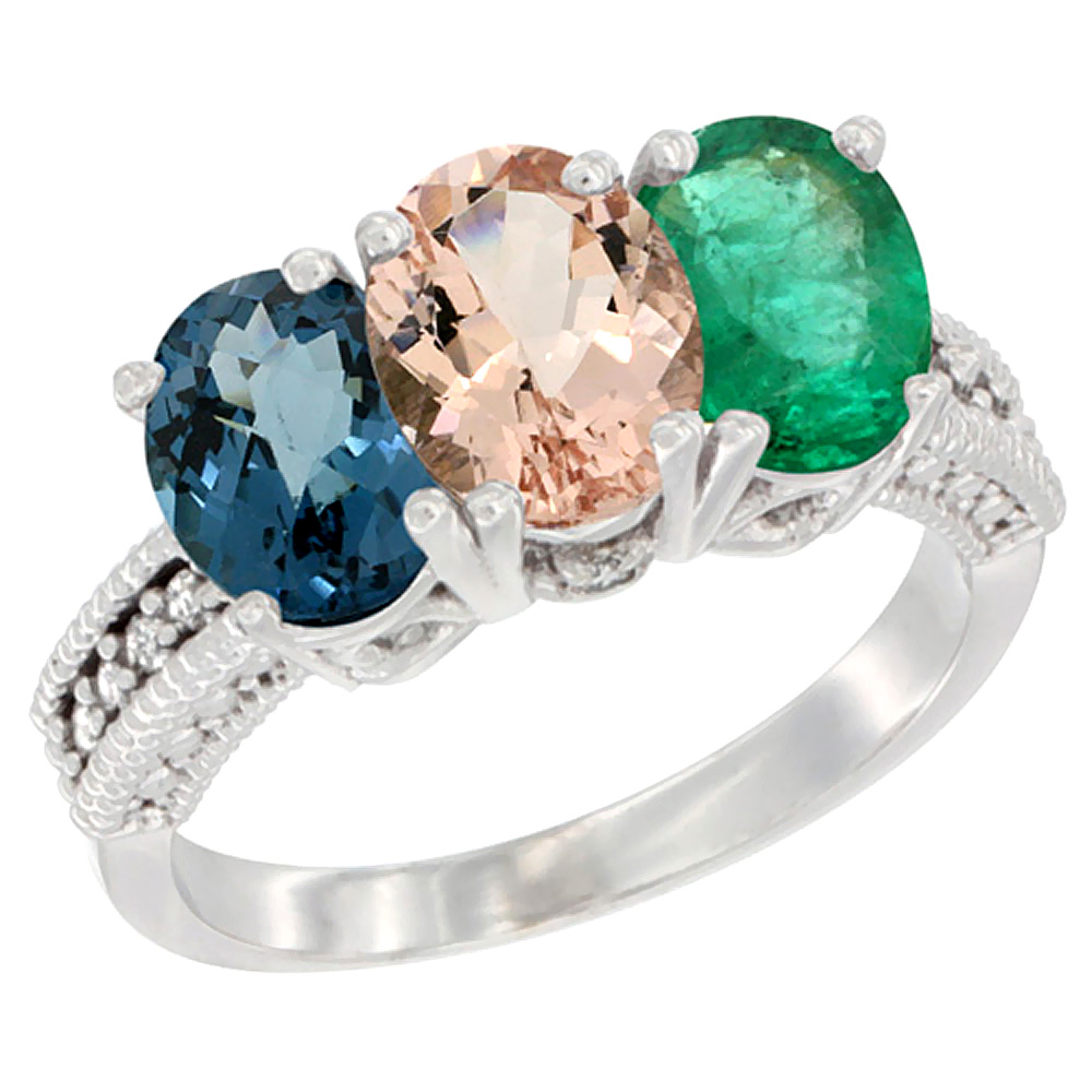 14K White Gold Natural London Blue Topaz, Morganite & Emerald Ring 3-Stone 7x5 mm Oval Diamond Accent, sizes 5 - 10