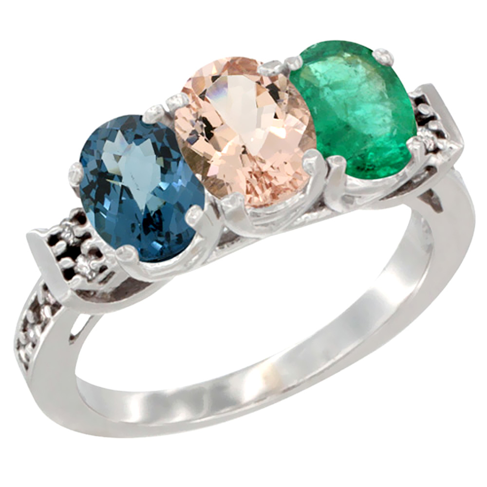10K White Gold Natural London Blue Topaz, Morganite &amp; Emerald Ring 3-Stone Oval 7x5 mm Diamond Accent, sizes 5 - 10