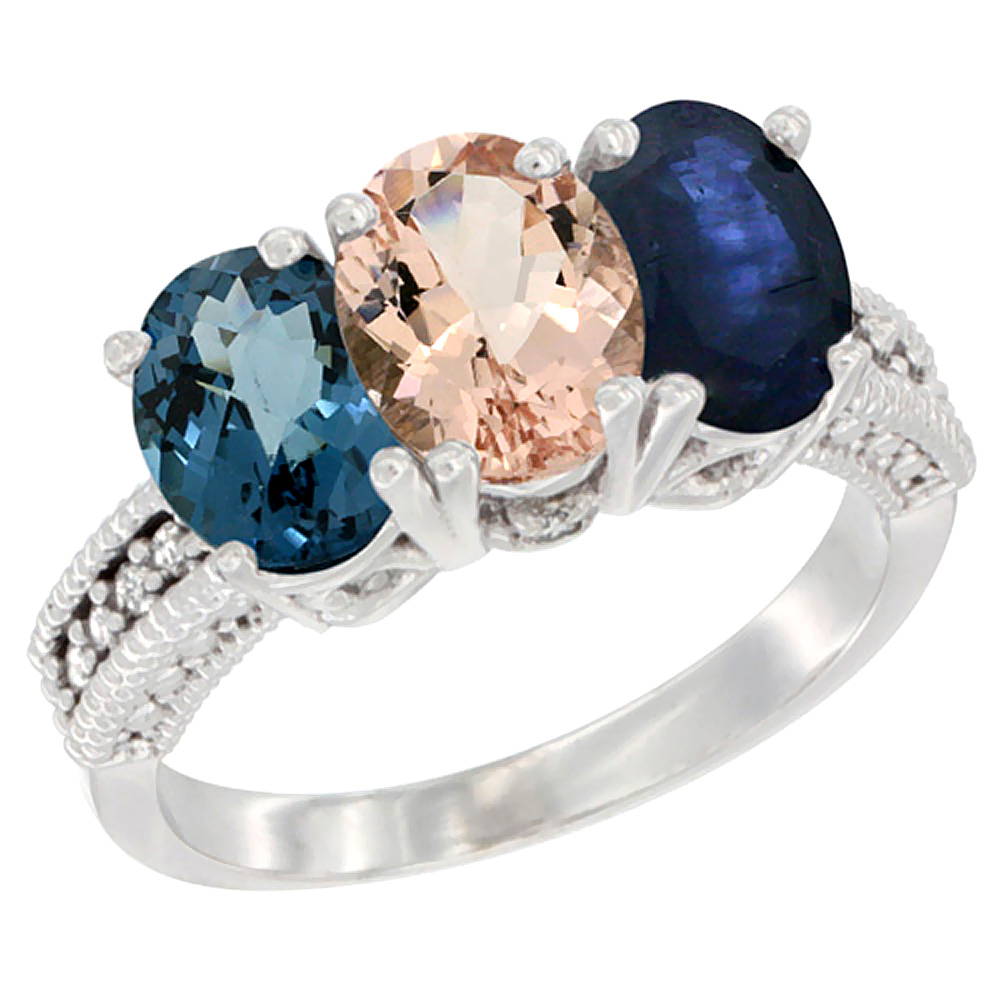 14K White Gold Natural London Blue Topaz, Morganite & Blue Sapphire Ring 3-Stone 7x5 mm Oval Diamond Accent, sizes 5 - 10