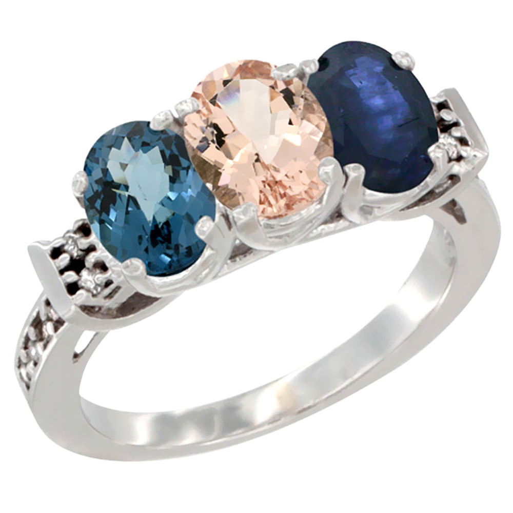 10K White Gold Natural London Blue Topaz, Morganite & Blue Sapphire Ring 3-Stone Oval 7x5 mm Diamond Accent, sizes 5 - 10