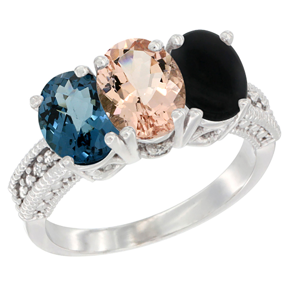 14K White Gold Natural London Blue Topaz, Morganite & Black Onyx Ring 3-Stone 7x5 mm Oval Diamond Accent, sizes 5 - 10