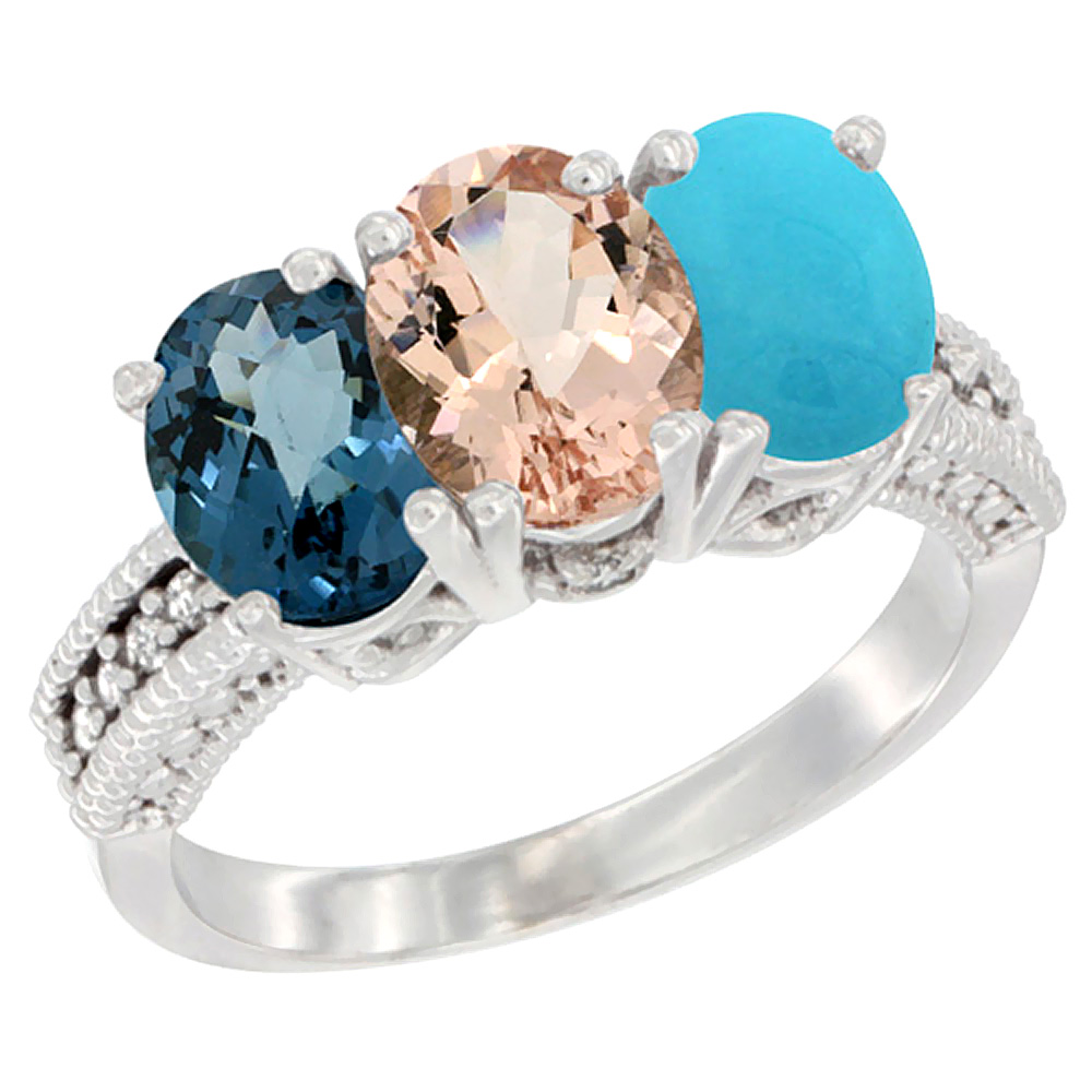 14K White Gold Natural London Blue Topaz, Morganite & Turquoise Ring 3-Stone 7x5 mm Oval Diamond Accent, sizes 5 - 10