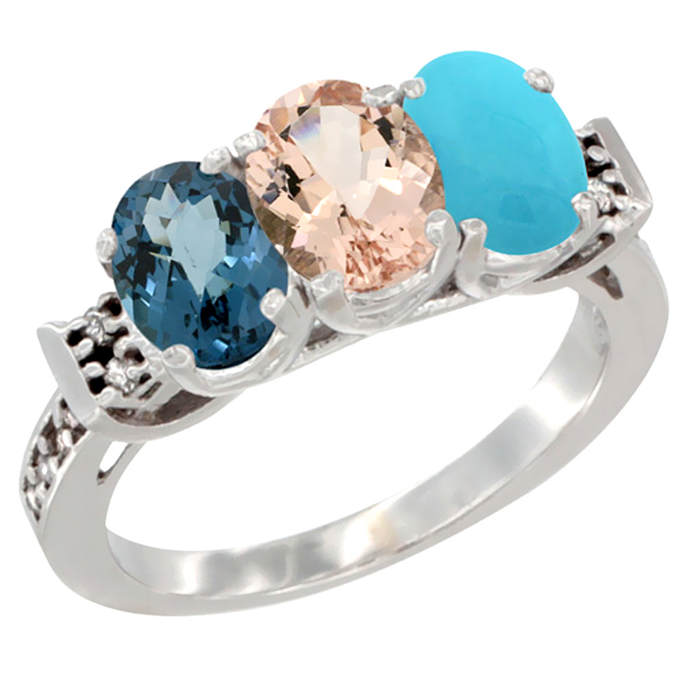 10K White Gold Natural London Blue Topaz, Morganite &amp; Turquoise Ring 3-Stone Oval 7x5 mm Diamond Accent, sizes 5 - 10
