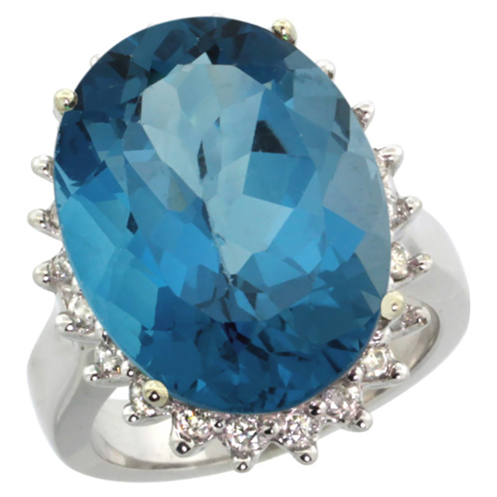 10k White Gold Diamond Halo Natural London Blue Topaz Ring Large Oval 18x13mm, sizes 5-10