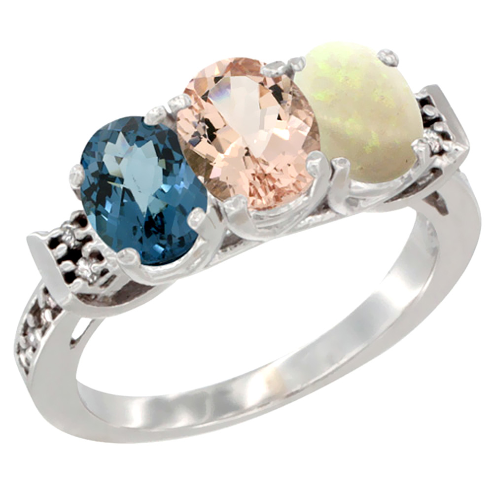 14K White Gold Natural London Blue Topaz, Morganite & Opal Ring 3-Stone 7x5 mm Oval Diamond Accent, sizes 5 - 10