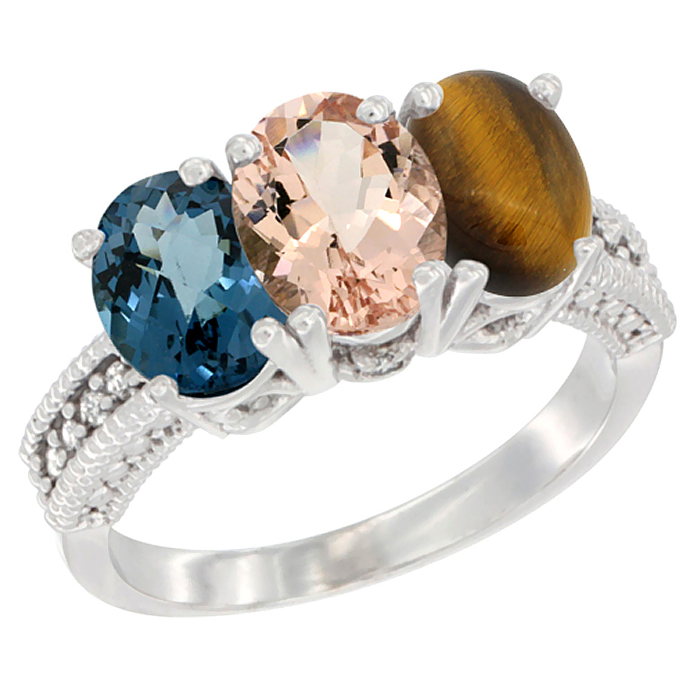10K White Gold Natural London Blue Topaz, Morganite &amp; Tiger Eye Ring 3-Stone Oval 7x5 mm Diamond Accent, sizes 5 - 10