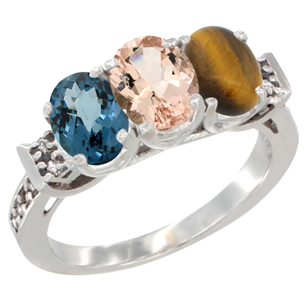 10K White Gold Natural London Blue Topaz, Morganite & Tiger Eye Ring 3-Stone Oval 7x5 mm Diamond Accent, sizes 5 - 10