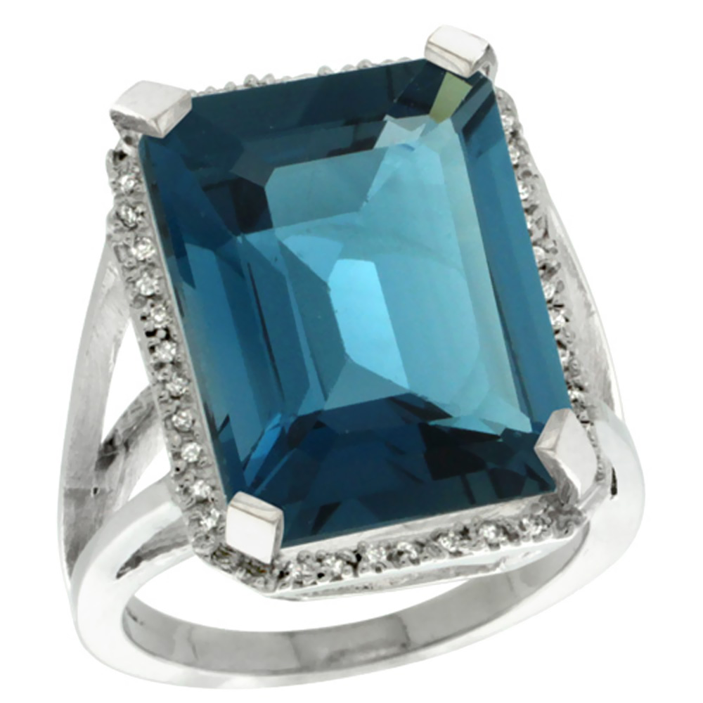 14K White Gold Diamond Natural London Blue Topaz Ring Emerald-cut 18x13mm, sizes 5-10