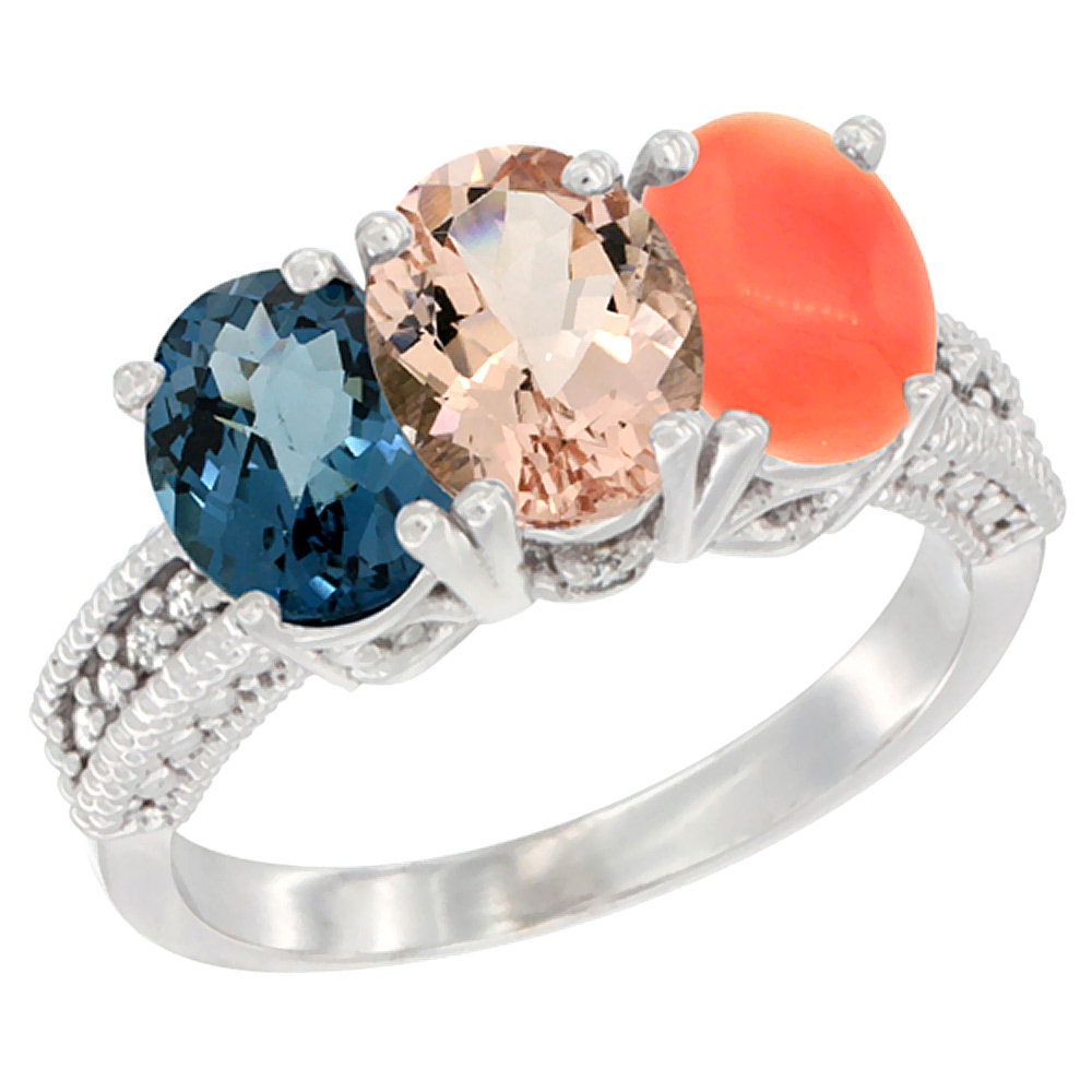 14K White Gold Natural London Blue Topaz, Morganite & Coral Ring 3-Stone 7x5 mm Oval Diamond Accent, sizes 5 - 10