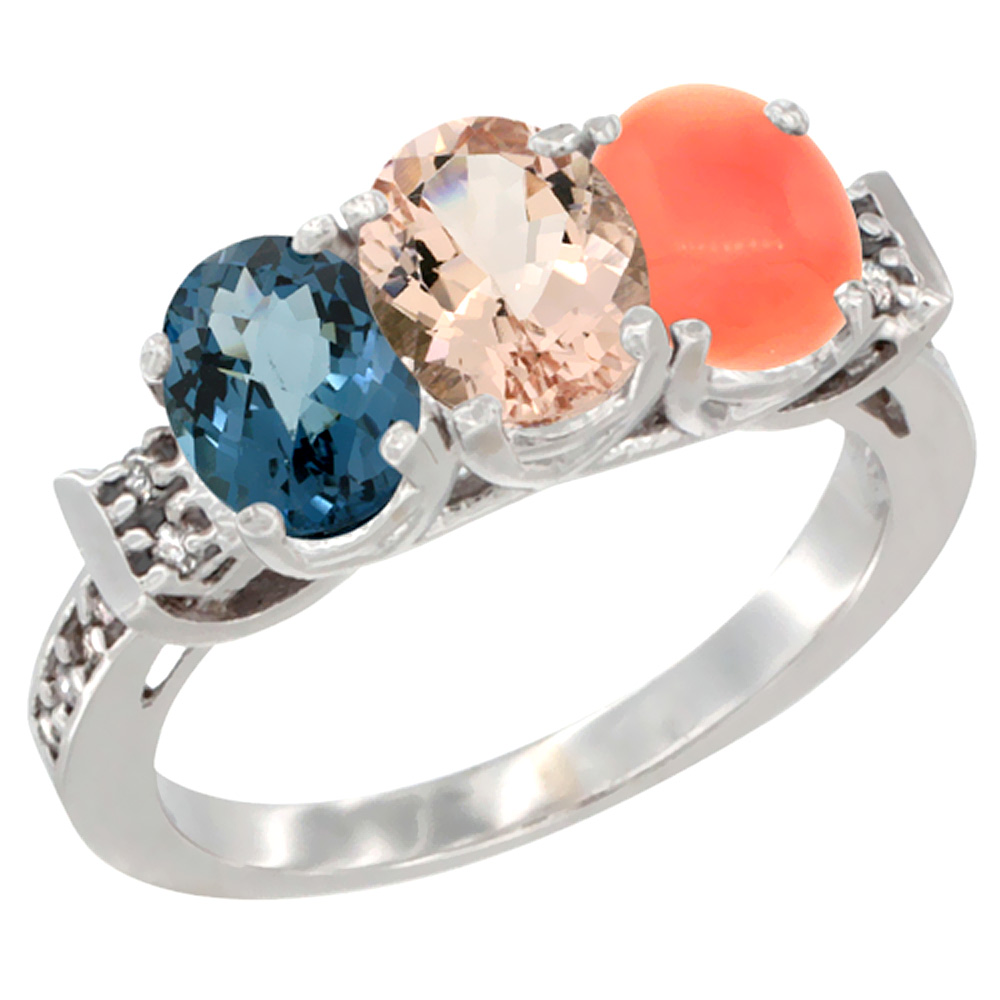 10K White Gold Natural London Blue Topaz, Morganite &amp; Coral Ring 3-Stone Oval 7x5 mm Diamond Accent, sizes 5 - 10