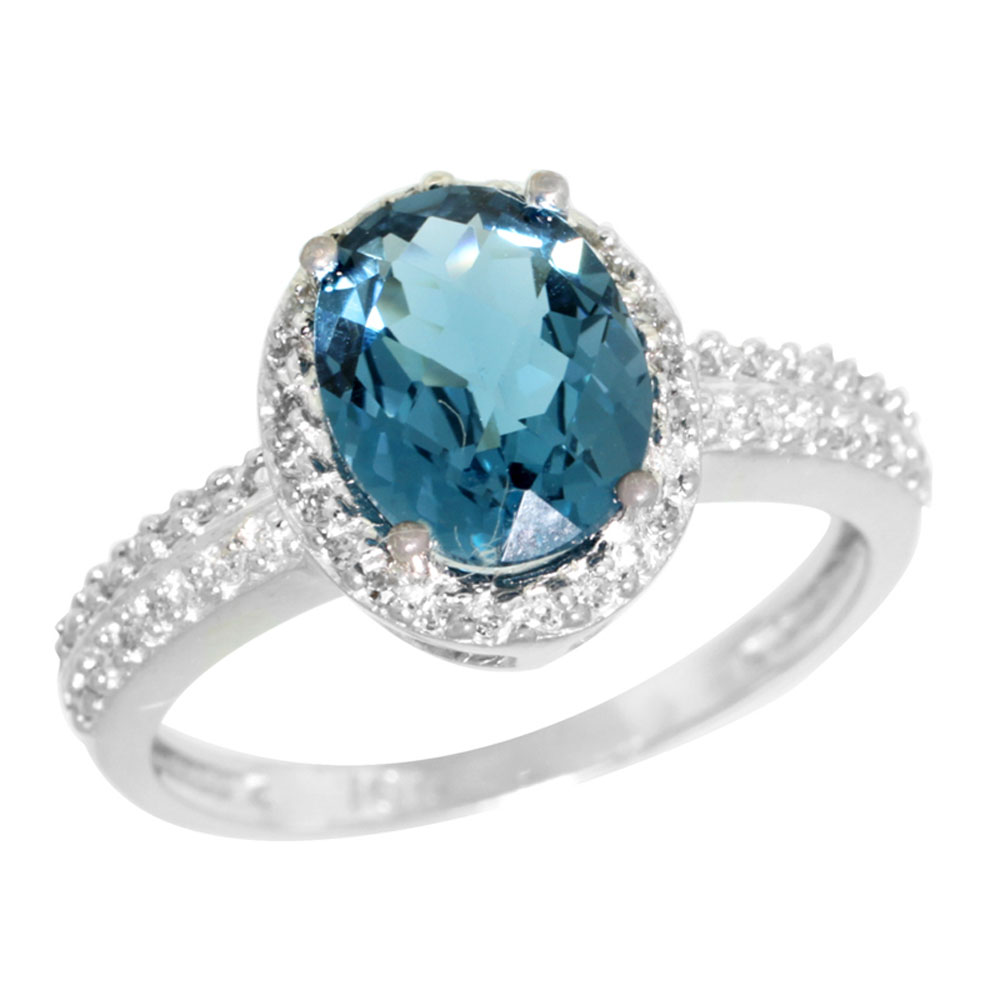 14K White Gold Diamond Natural London Blue Topaz Ring Oval 9x7mm, sizes 5-10