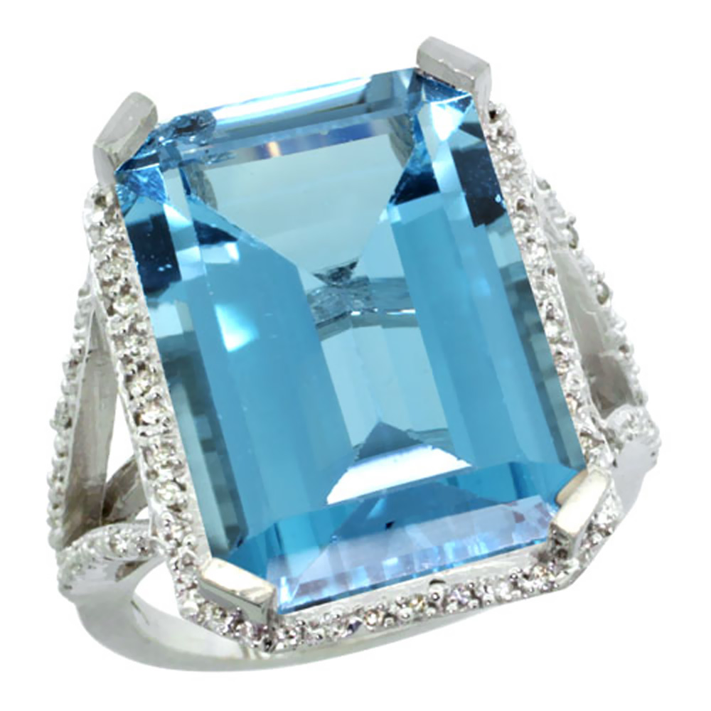 10K White Gold Diamond Natural London Blue Topaz Ring Emerald-cut 18x13mm, sizes 5-10