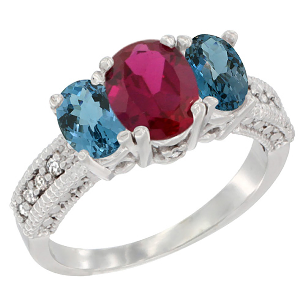 14K White Gold Diamond Enhanced Ruby Ring Oval 3-stone with London Blue Topaz, sizes 5 - 10