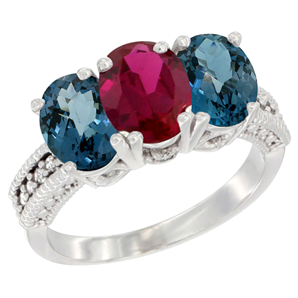 10K White Gold Diamond Enhanced Ruby & Natural London Blue Topaz Ring 3-Stone Oval 7x5 mm, sizes 5 - 10