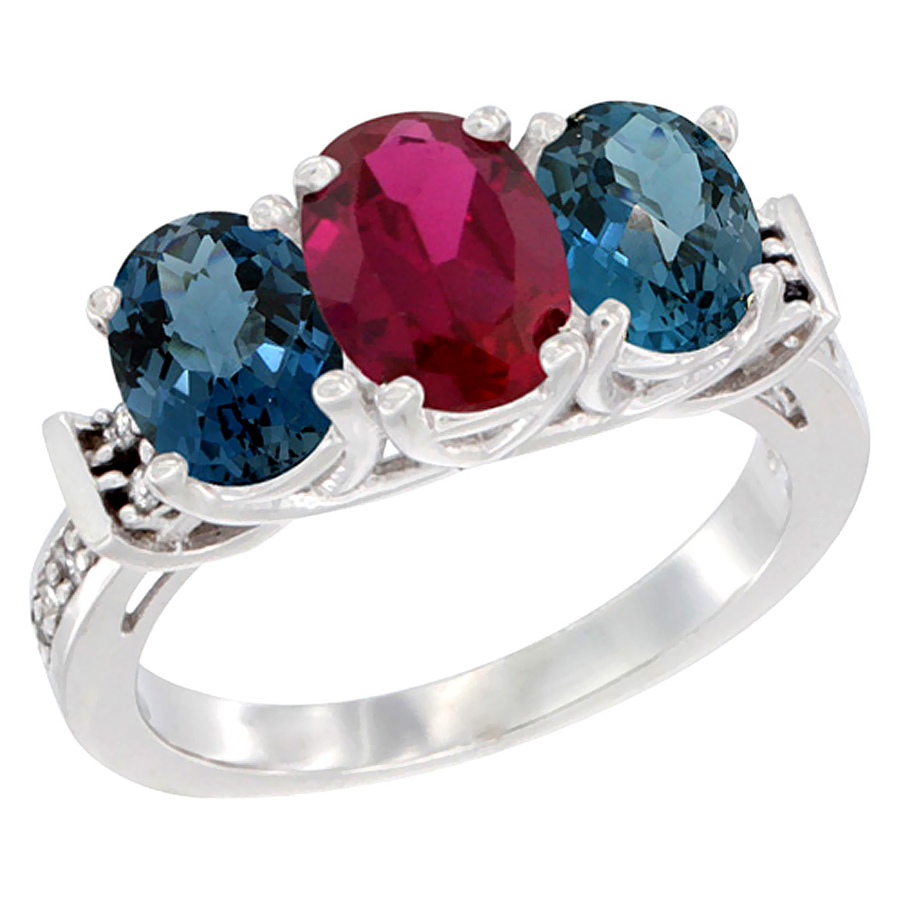 10K White Gold Enhanced Ruby & London Blue Topaz Sides Ring 3-Stone Oval Diamond Accent, sizes 5 - 10