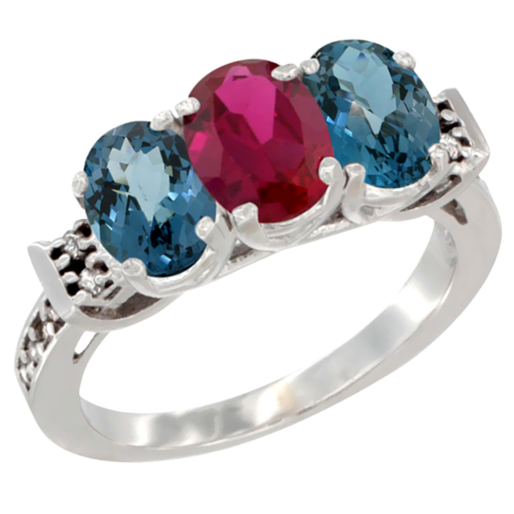 14K White Gold Enhanced Ruby &amp; Natural London Blue Topaz Sides Ring 3-Stone 7x5 mm Oval Diamond Accent, sizes 5 - 10