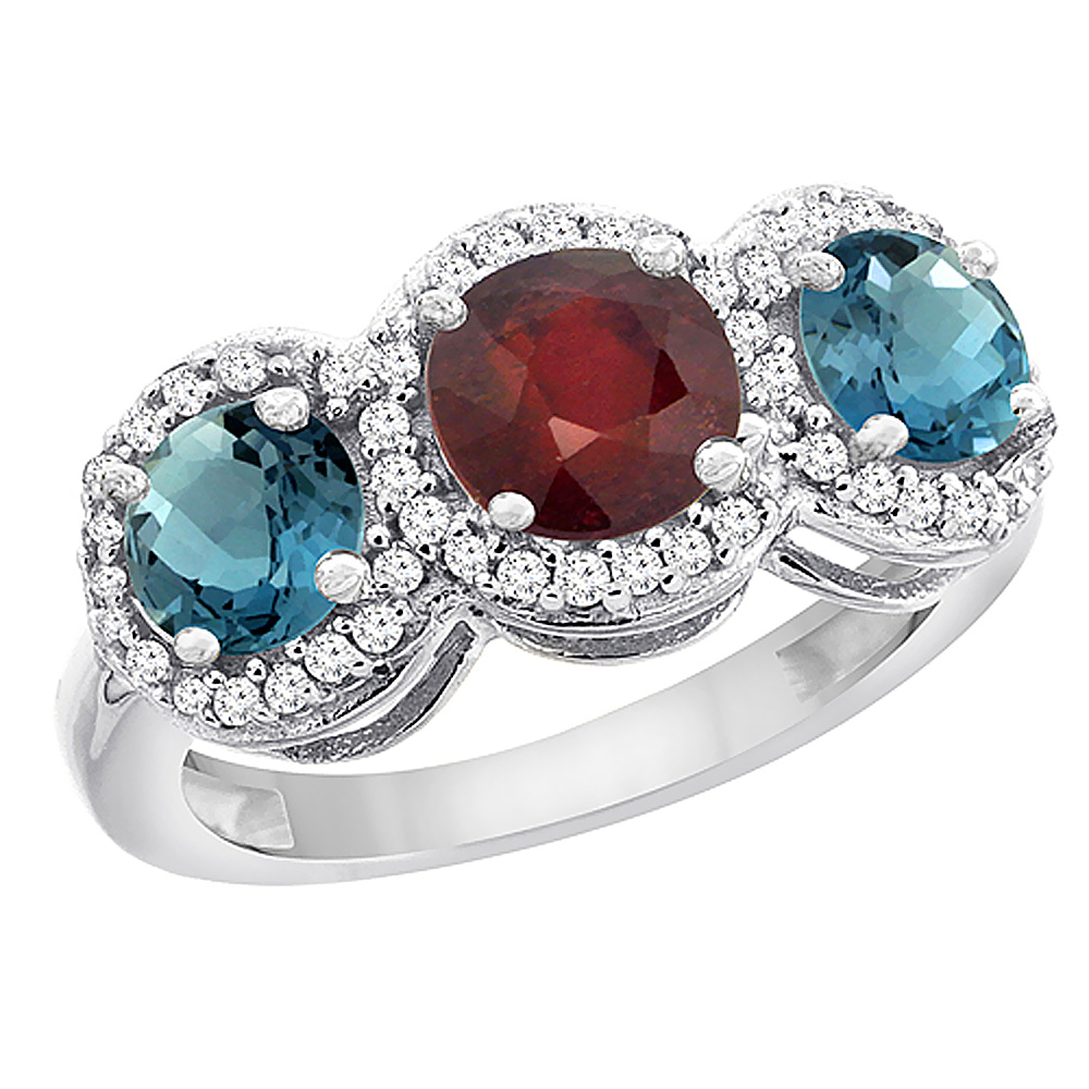 14K White Gold Enhanced Ruby & London Blue Topaz Sides Round 3-stone Ring Diamond Accents, sizes 5 - 10