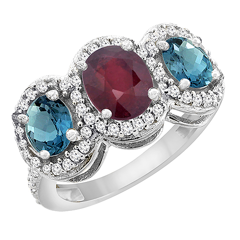 14K White Gold Natural Quality Ruby & London Blue Topaz 3-stone Mothers Ring Oval Diamond Accent,size5-10