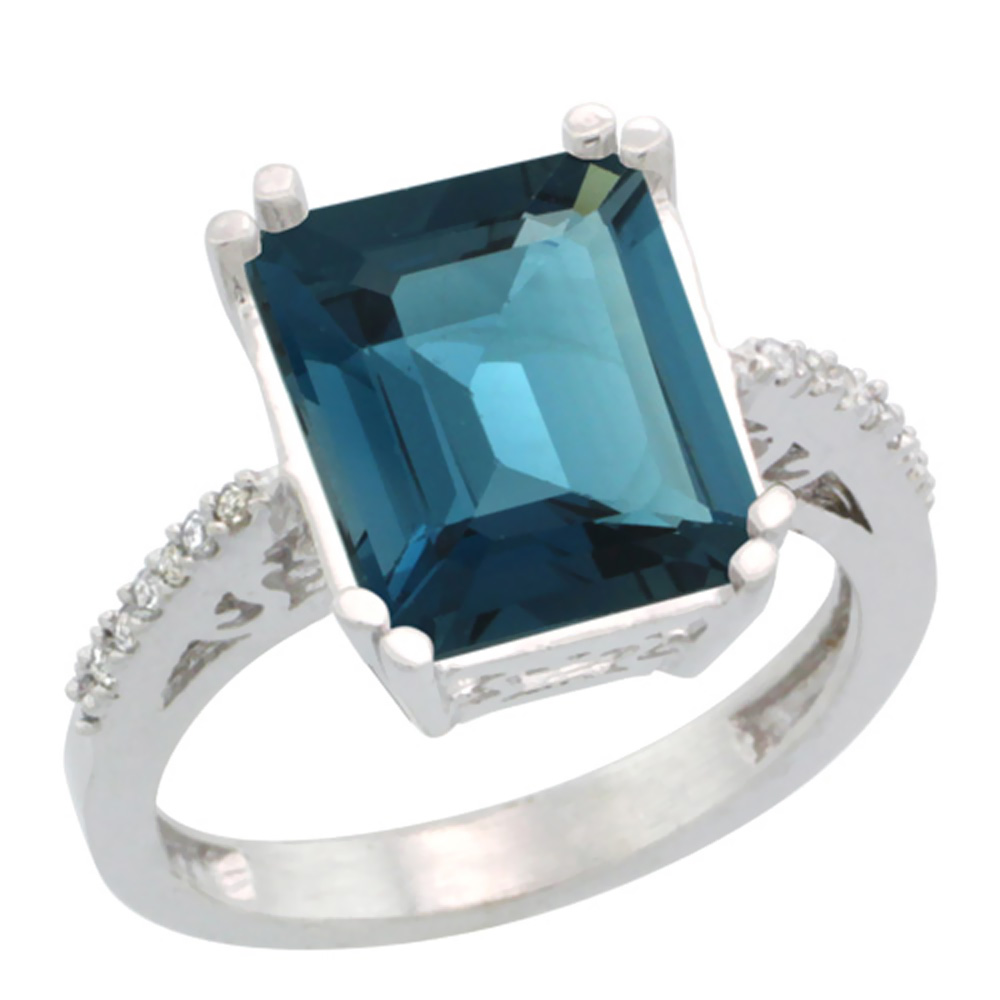 14K White Gold Diamond Natural London Blue Topaz Ring Emerald-cut 12x10mm, sizes 5-10