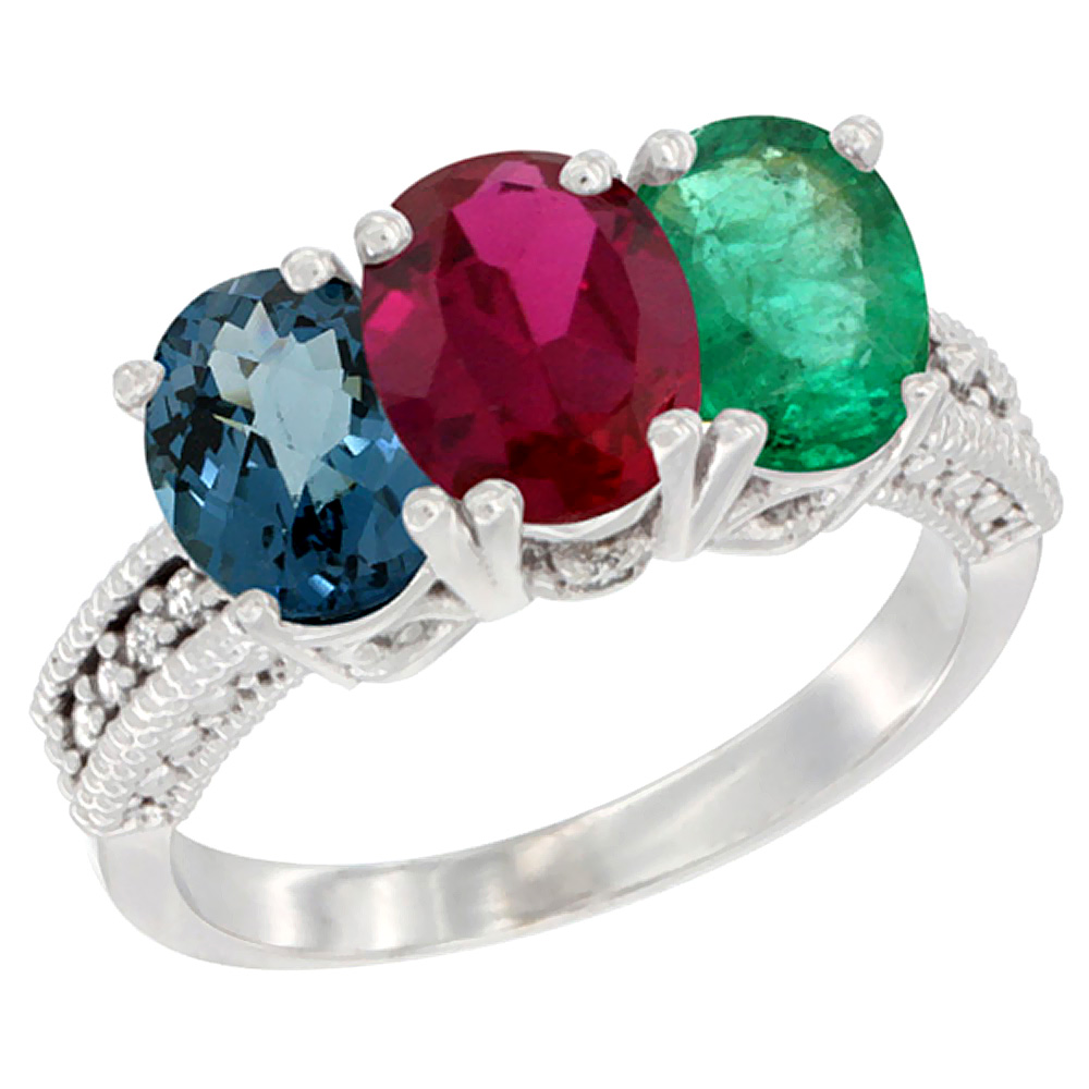 10K White Gold Natural London Blue Topaz, Ruby & Emerald Ring 3-Stone Oval 7x5 mm Diamond Accent, sizes 5 - 10