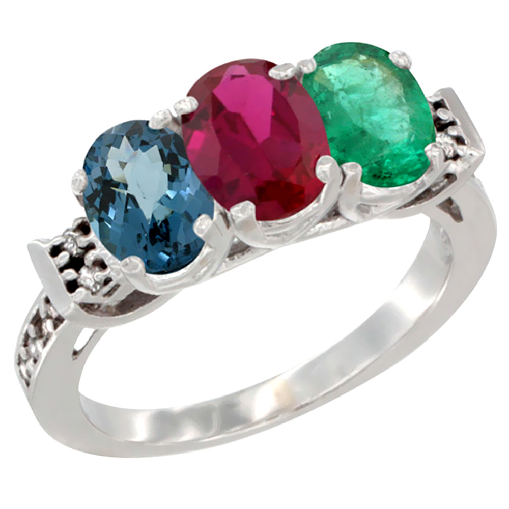 10K White Gold Natural London Blue Topaz, Enhanced Ruby & Natural Emerald Ring 3-Stone Oval 7x5 mm Diamond Accent, sizes 5 - 10